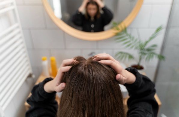 Mujer frente a espejo mirándose el pelo y viendo las consecuencias de la alopecia