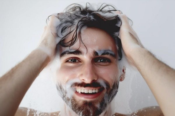 Hombre lavándose el pelo para tener un buen cuidado capilar