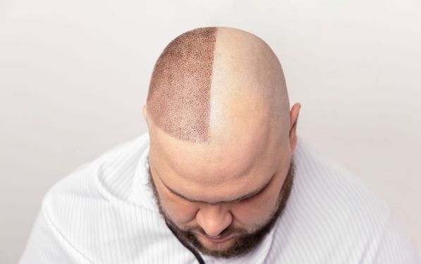Hombre con mitad del pelo calvo y la otra mitad con trasplante capilar