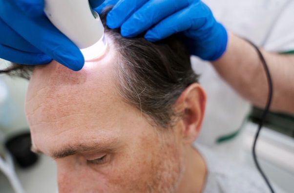Tricólogo realizando sesión de láser a paciente