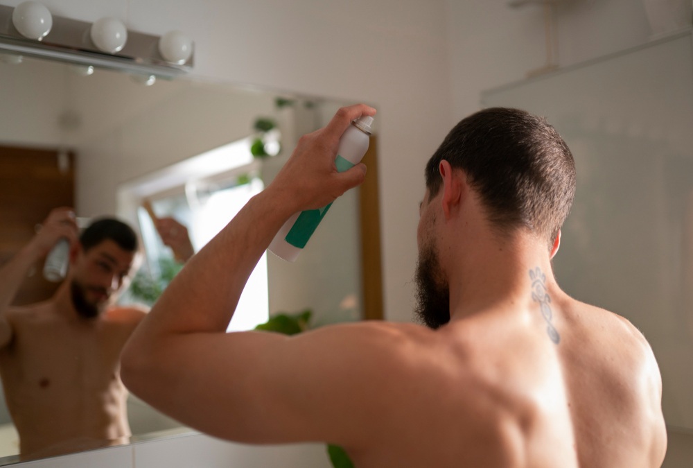Hombre aplicándose spray para proteger su cabello frente al sol