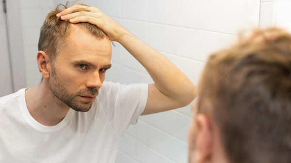Hombre mirándose al espejo tocándose el pelo pensando cómo prevenir al caída de su cabello