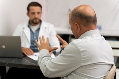 Hombre delante de médico que se va a realizar un trasplante FUT