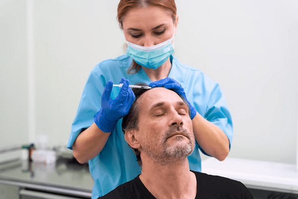 Doctora aplicando PRP en el cuero cabelludo de paciente