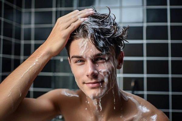 Hombre en la ducha lavándose el pelo con un champú para la caída del pelo