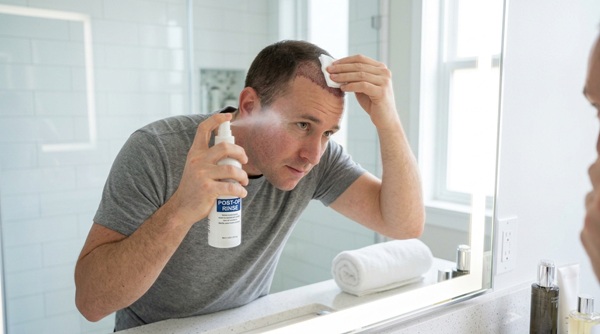 Fotografía realista de un paciente aplicando suavemente spray de suero fisiológico sobre su injerto capilar reciente y limpio para la higiene postoperatoria, guiado por Capilclinic.