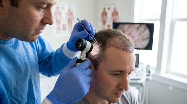 Primer plano médico de un doctor examinando con dermatoscopio un injerto capilar reciente y limpio en la sien de un paciente, verificado y en curación, en Capilclinic.